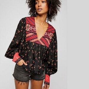 Free People Lady Lou Printed Embroidered Peasant Blouse Top Size S